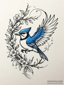 A vibrant blue jay mid-flight, carrying an ol... - эскиз тату (№1752270611_0, 11.07.2025 21:50) — Tatufoto.com