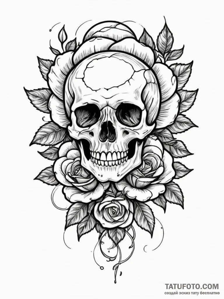 Abyssal rose blooming in skull eye socket, ta… — эскиз тату (№1752271278_0, 11.07.2025 22:01) — Tatufoto.com