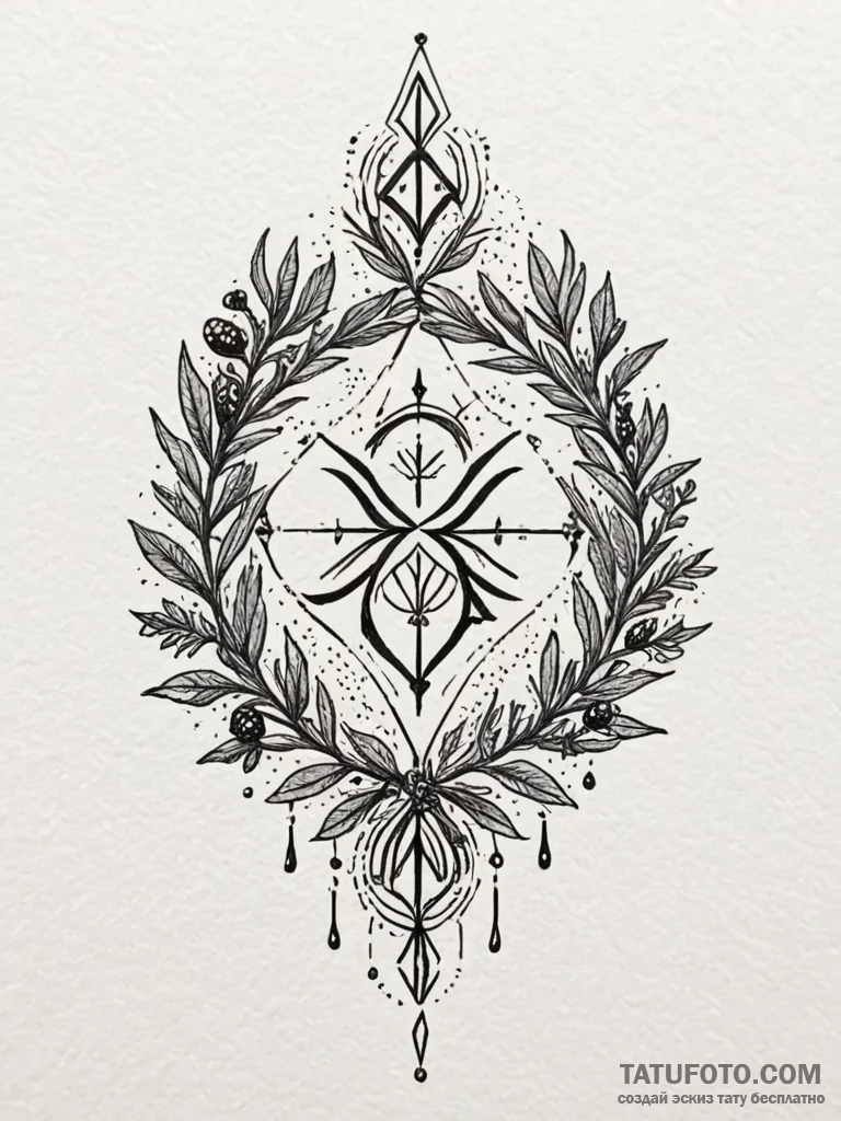 Yew branch crowned with runes, tattoo drawing… — эскиз тату (№1752272282_0, 11.07.2025 22:18) — Tatufoto.com