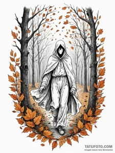 Fading ghost leaving a trail of autumn leaves... - эскиз тату (№1752272454_0, 11.07.2025 22:20) — Tatufoto.com