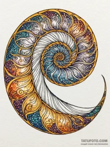Nautilus shell, its spiral following the gold... - эскиз тату (№1752273474_0, 11.07.2025 22:37) — Tatufoto.com