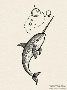 Narwhal's tusk piercing a bubble of reality,... - эскиз тату (№1752275239_0, 11.07.2025 23:07) — Tatufoto.com