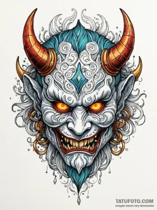 An oni mask cracking to reveal a human face,... - эскиз тату (№1752275574_0, 11.07.2025 23:12) — Tatufoto.com