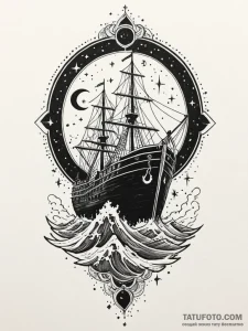 Keel of ship beneath celestial storm, tattoo... - эскиз тату (№1752276083_0, 11.07.2025 23:21) — Tatufoto.com