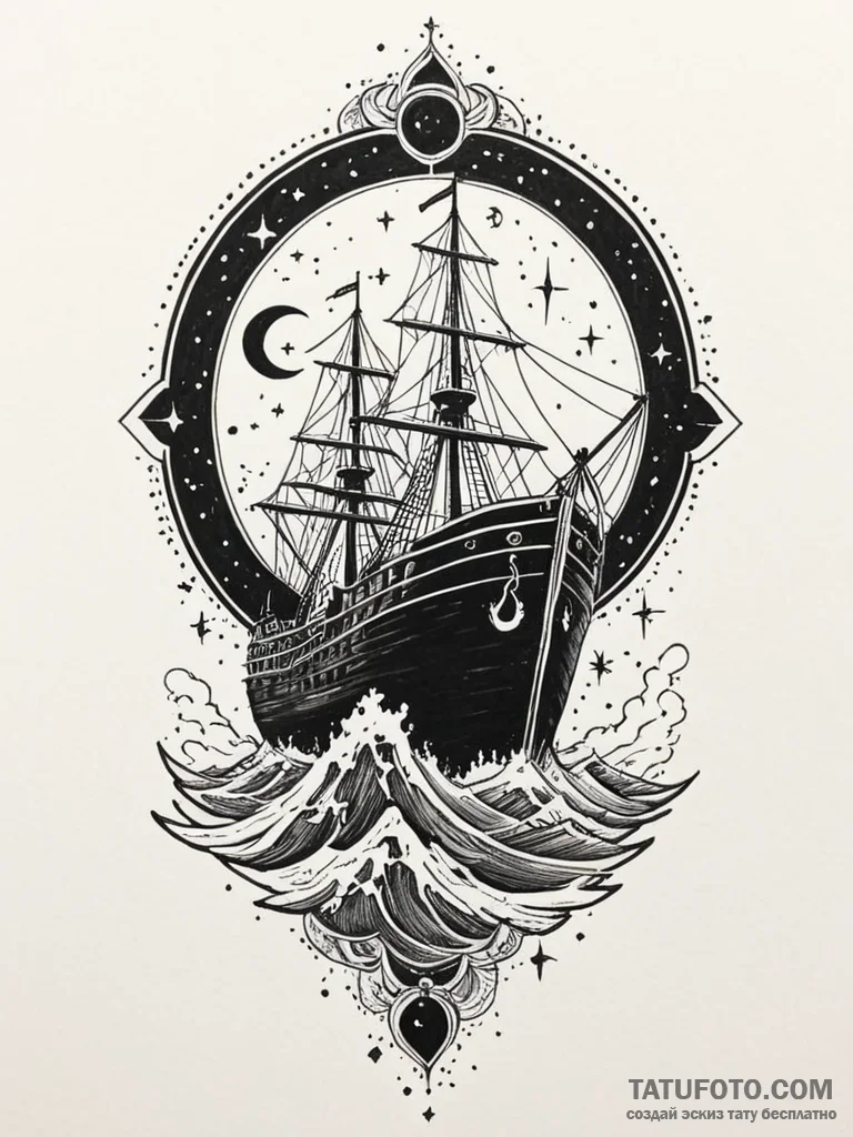 Keel of ship beneath celestial storm, tattoo... - эскиз тату (№1752276083_0, 11.07.2025 23:21) — Tatufoto.com