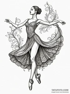 A graceful ballet dancer in a flowing dress,... - эскиз тату (№1752276166_0, 11.07.2025 23:22) — Tatufoto.com