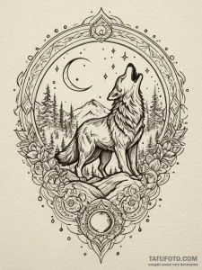 Aurora wolf howling under lights, tattoo draw... - эскиз тату (№1752276420_0, 11.07.2025 23:27) — Tatufoto.com