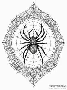 A spider in an ornate web on a mirror, ink il... - эскиз тату (№1752276672_0, 11.07.2025 23:31) — Tatufoto.com