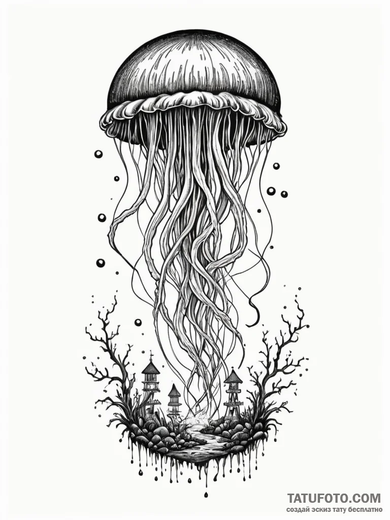Bioluminescent jellyfish trailing tentacles t… — эскиз тату (№1752277602_0, 11.07.2025 23:46) — Tatufoto.com