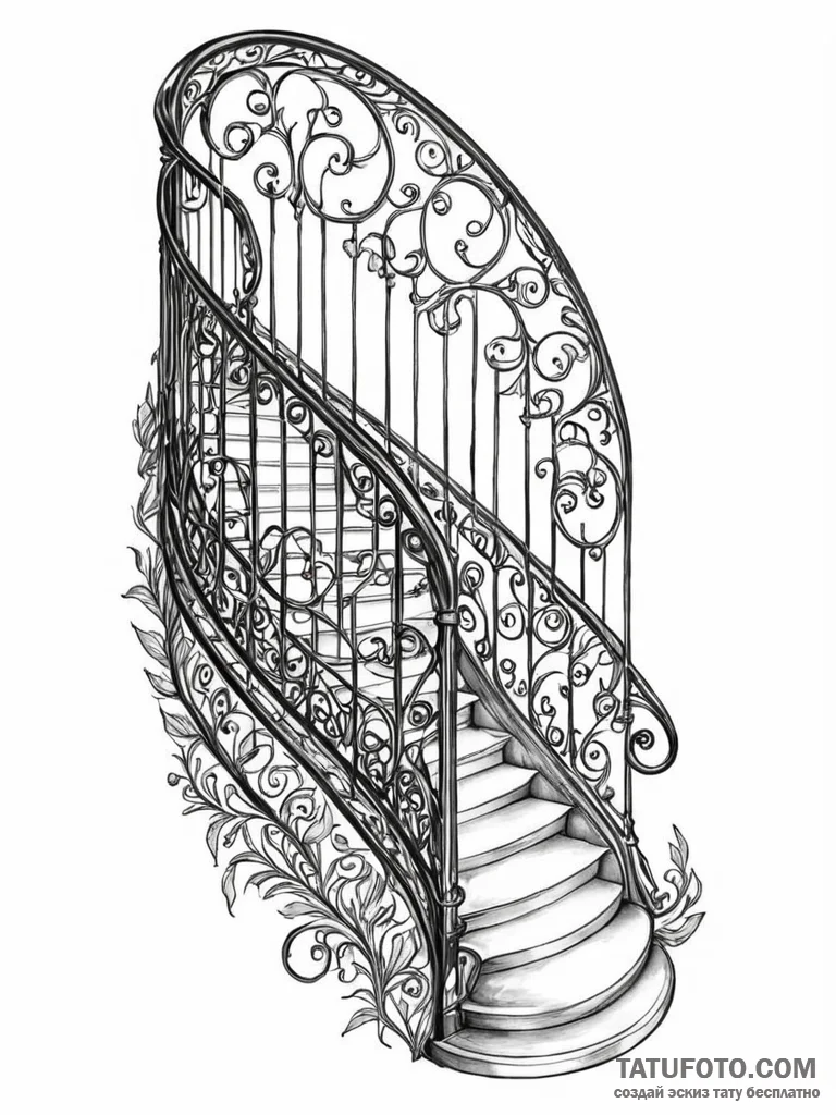 An art nouveau staircase with intricate wroug… — эскиз тату (№1752278528_0, 12.07.2025 00:02) — Tatufoto.com
