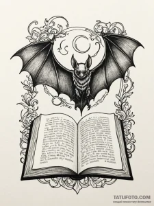 Bat wings unfurling from a closed book, tatto... - эскиз тату (№1752278696_0, 12.07.2025 00:04) — Tatufoto.com