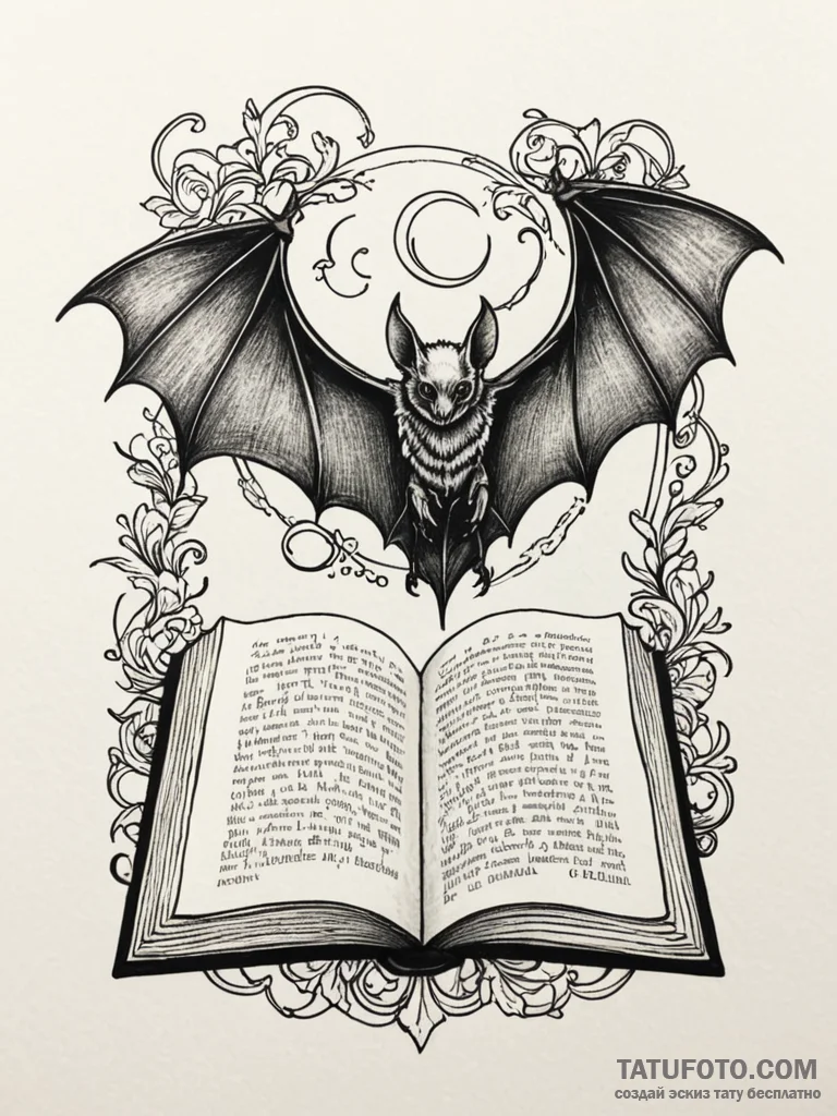 Bat wings unfurling from a closed book, tatto… — эскиз тату (№1752278696_0, 12.07.2025 00:04) — Tatufoto.com