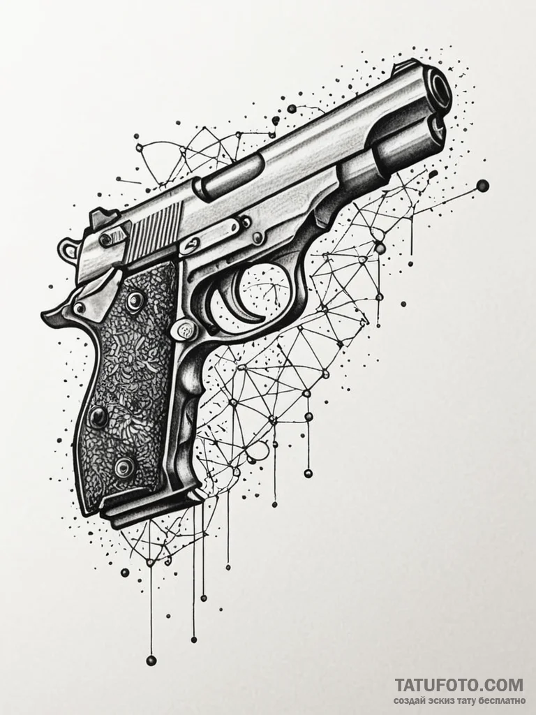 Pistol, artistic tattoo sketch, dotwork tatto... - эскиз тату (№1752279115_0, 12.07.2025 00:11) — Tatufoto.com