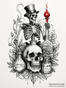 Alchemist skeleton with potion bottles, artis... - эскиз тату (№1752279283_0, 12.07.2025 00:14) — Tatufoto.com