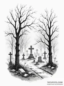 A graveyard scene with fog - эскиз тату (№1752280207_0, 12.07.2025 00:30) — Tatufoto.com