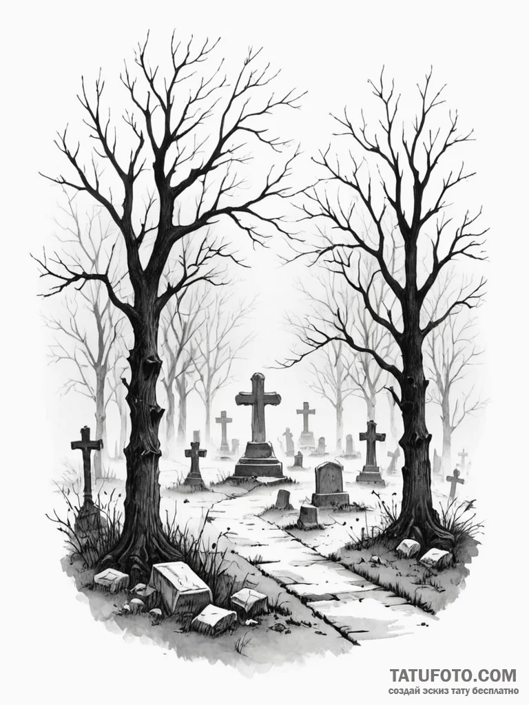 A graveyard scene with fog - эскиз тату (№1752280207_0, 12.07.2025 00:30) — Tatufoto.com