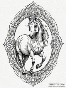 Riderless horse beneath spectral arch, tattoo... - эскиз тату (№1752280383_0, 12.07.2025 00:33) — Tatufoto.com