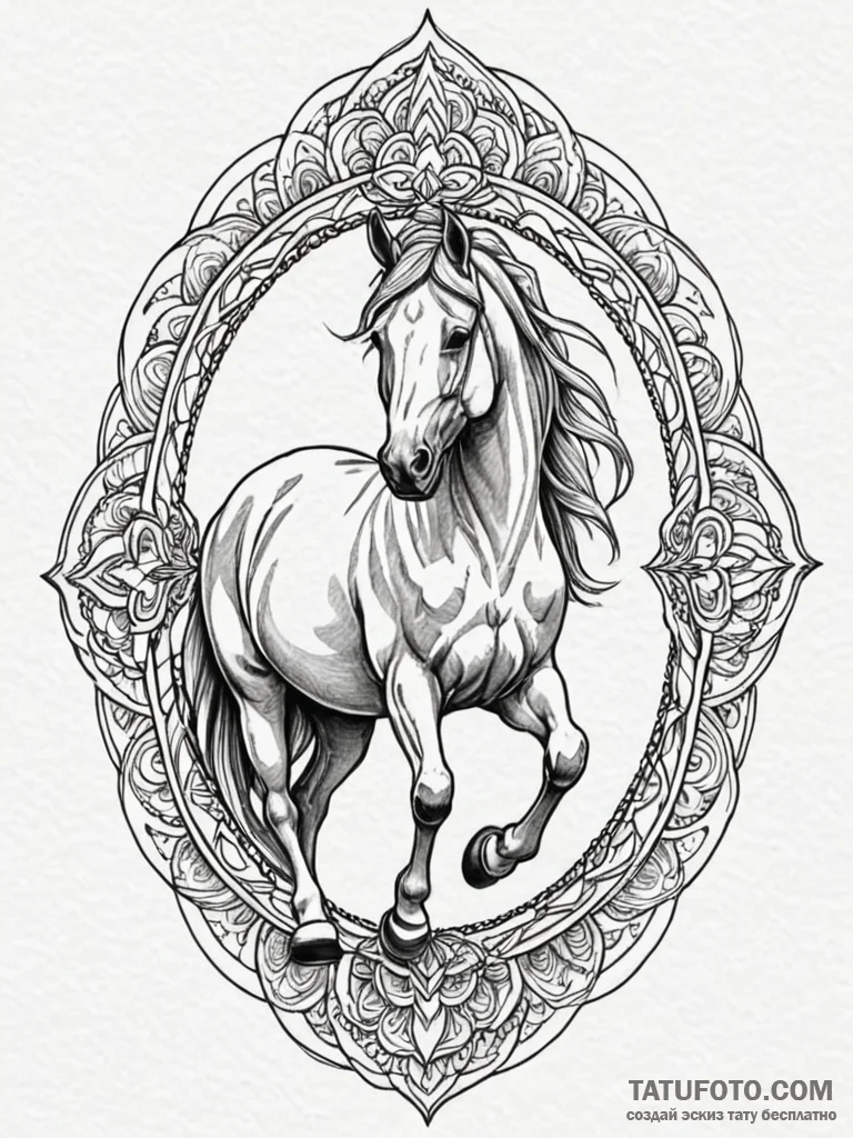 Riderless horse beneath spectral arch, tattoo… — эскиз тату (№1752280383_0, 12.07.2025 00:33) — Tatufoto.com