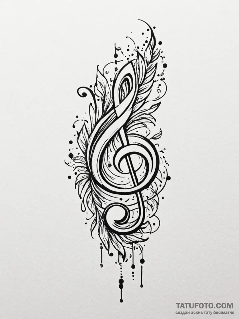 Feather dissolving into a cascade of musical... - эскиз тату (№1752281719_0, 12.07.2025 00:55) — Tatufoto.com