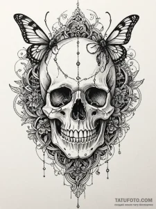 Amber skull with trapped insects, ink illustr... - эскиз тату (№1752281802_0, 12.07.2025 00:56) — Tatufoto.com