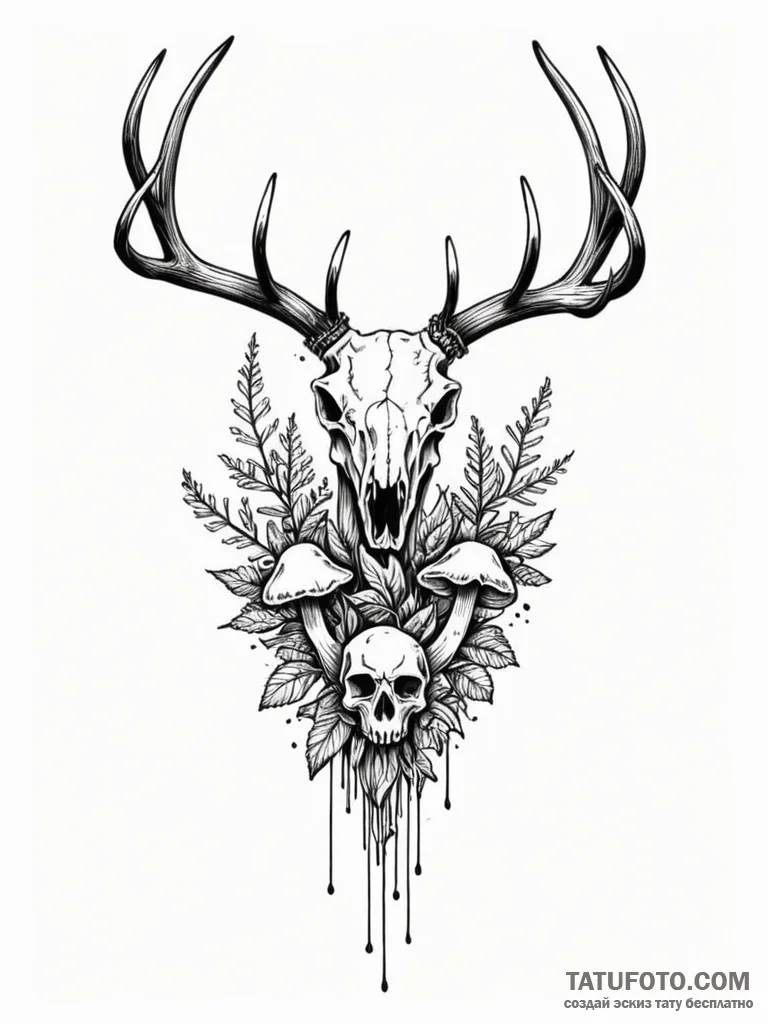 Bioluminescent mushrooms growing on a deer sk... - эскиз тату (№1752282054_0, 12.07.2025 01:00) — Tatufoto.com