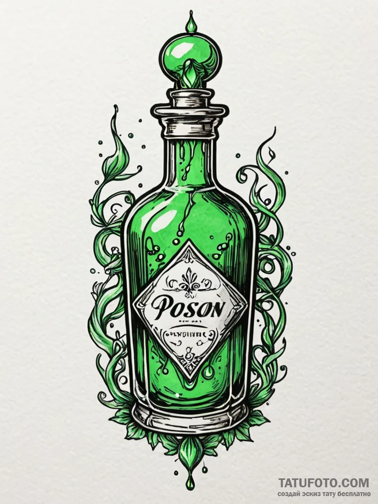 Vial of poison with a glowing, green liquid,… — эскиз тату (№1752282304_0, 12.07.2025 01:05) — Tatufoto.com