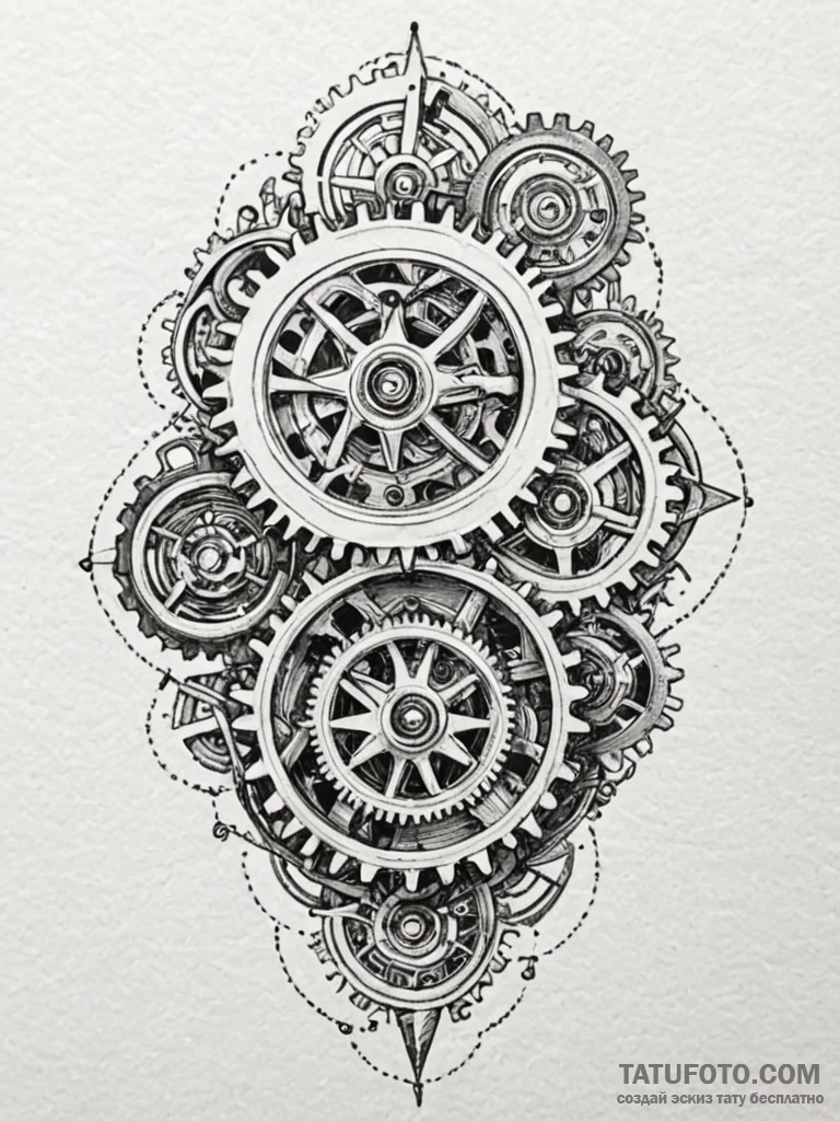 Clockwork mechanism, exposed gears moving in... - эскиз тату (№1752284142_0, 12.07.2025 01:35) — Tatufoto.com
