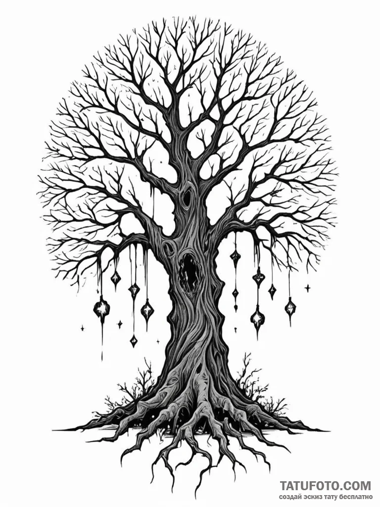 Undead tree devouring starlight, tattoo line... - эскиз тату (№1752286403_0, 12.07.2025 02:13) — Tatufoto.com