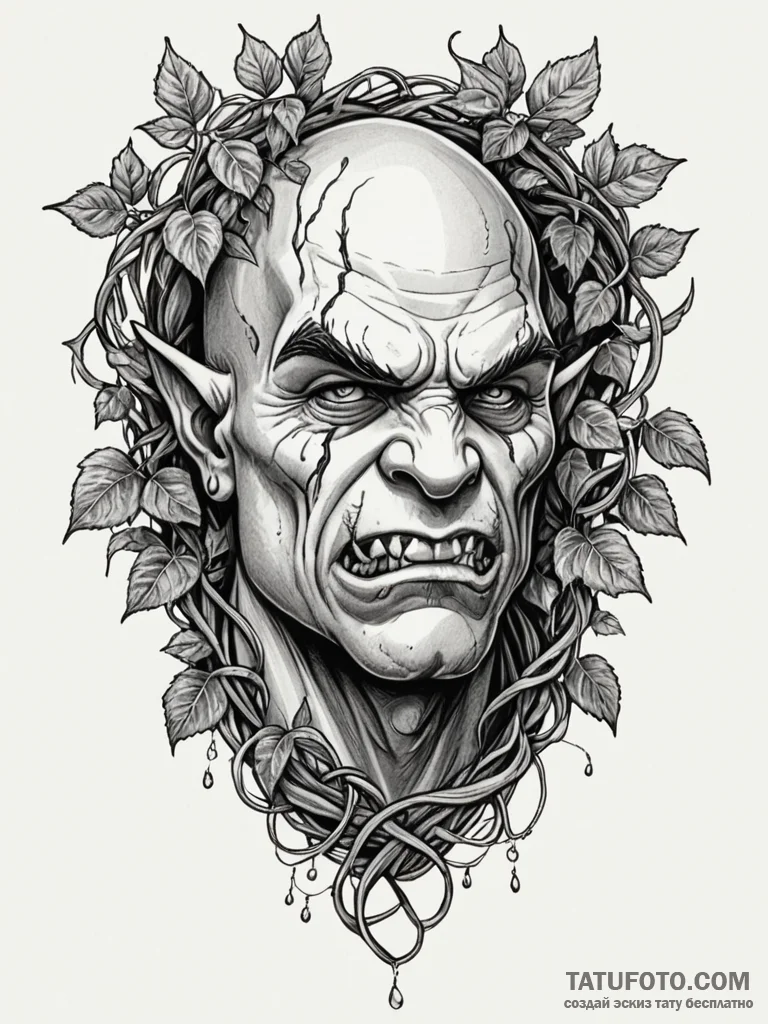 Orc tooth necklace tangled in ivy, ink illust… — эскиз тату (№1752286824_0, 12.07.2025 02:20) — Tatufoto.com
