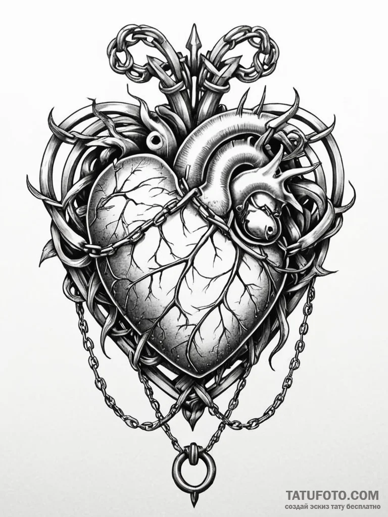 Ashen heart pierced by chains, tattoo drawing... - эскиз тату (№1752286908_0, 12.07.2025 02:21) — Tatufoto.com