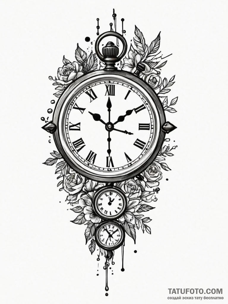 Clock with hands made of bone, tattoo flash s... - эскиз тату (№1752287156_0, 12.07.2025 02:25) — Tatufoto.com