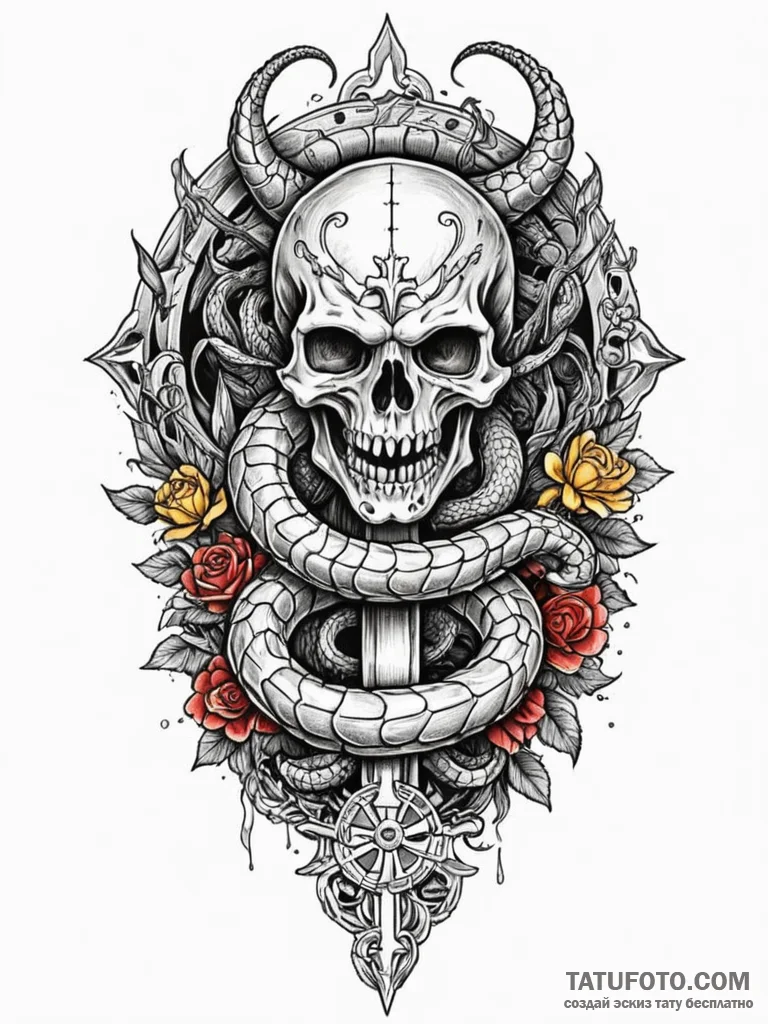Serpent helm devouring relic, tattoo drawing... - эскиз тату (№1752287407_0, 12.07.2025 02:30) — Tatufoto.com
