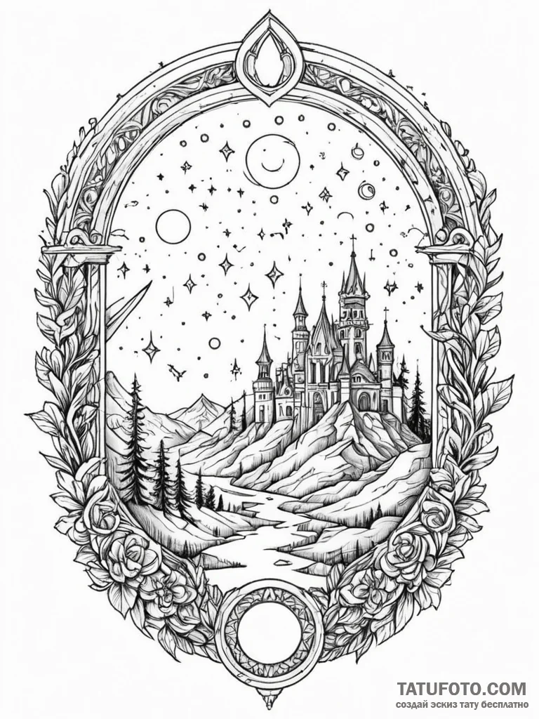 Hollow relic beneath celestial gate, concept... - эскиз тату (№1752287490_0, 12.07.2025 02:31) — Tatufoto.com