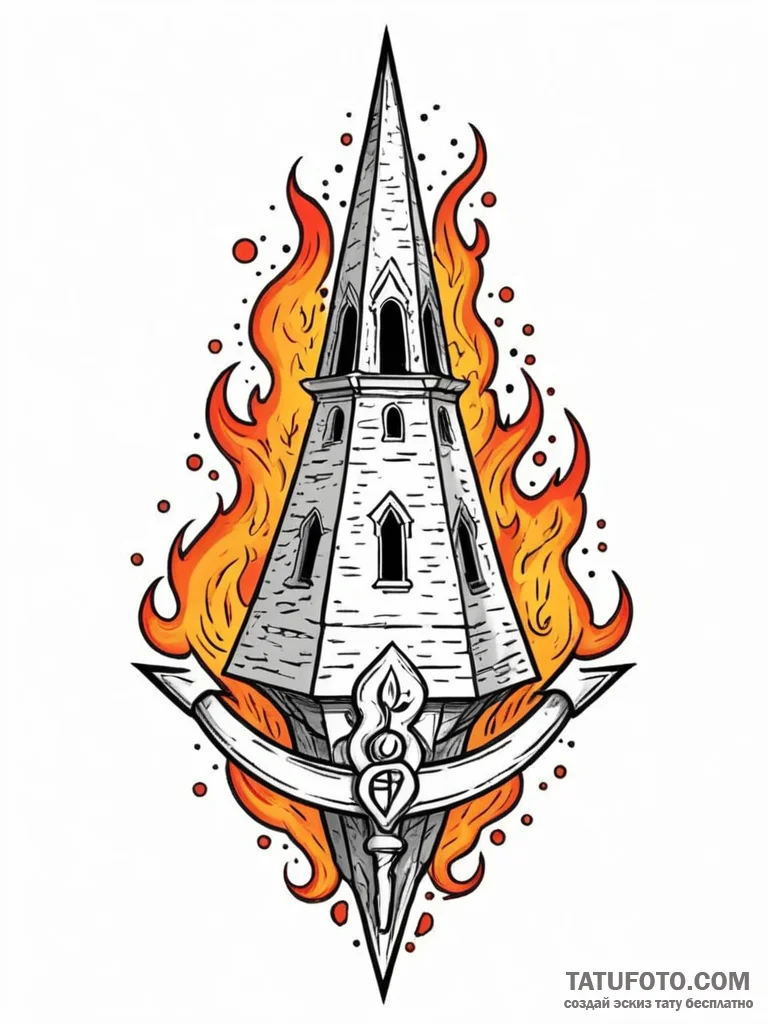 Trap sigil beneath burning spire, concept art... - эскиз тату (№1752288328_0, 12.07.2025 02:45) — Tatufoto.com