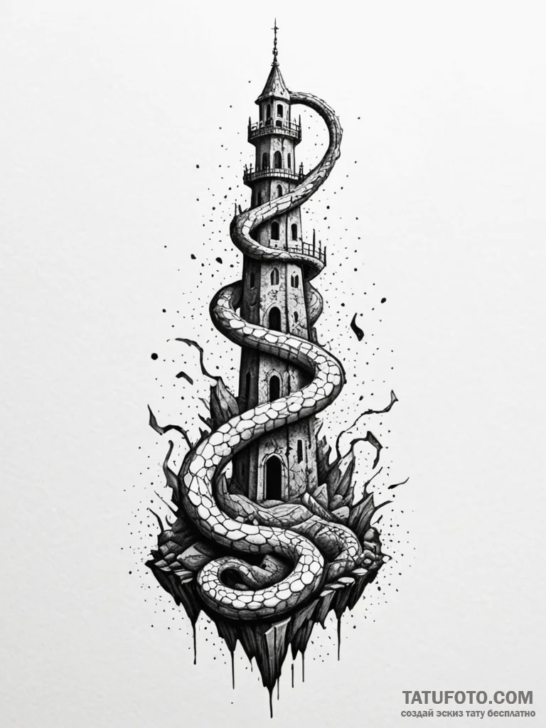 Graven serpent through shattered spire, artis… — эскиз тату (№1752288411_0, 12.07.2025 02:46) — Tatufoto.com