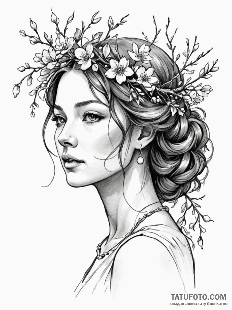 Persephone with a crown of winter branches an… — эскиз тату (№1752288496_0, 12.07.2025 02:48) — Tatufoto.com