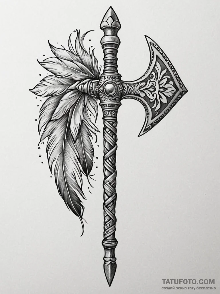 Tomahawk with feathers and beadwork, tattoo l… — эскиз тату (№1752288580_0, 12.07.2025 02:49) — Tatufoto.com
