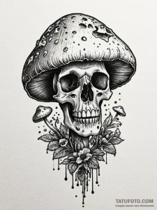 Mushroom blooming from skull, artistic tattoo... - эскиз тату (№1752288664_0, 12.07.2025 02:51) — Tatufoto.com