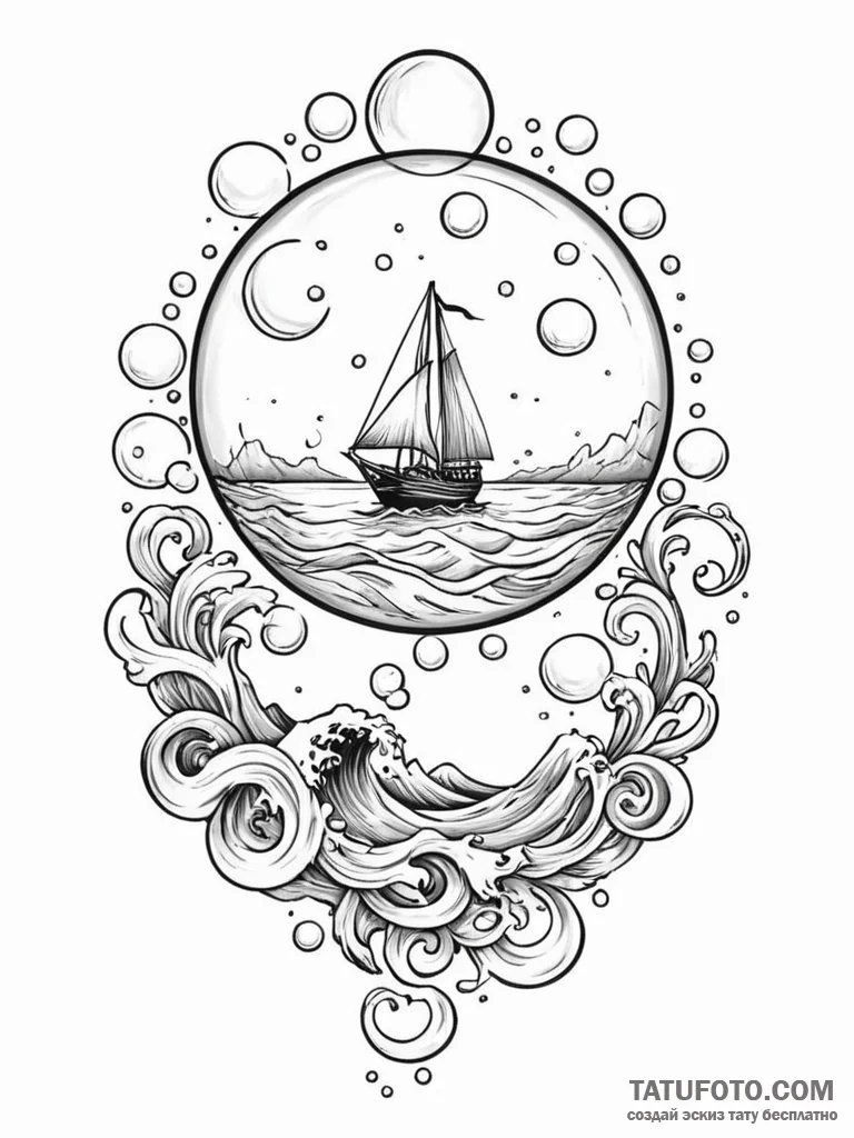 A whimsical bubble floating over ocean, vast,... - эскиз тату (№1752288918_0, 12.07.2025 02:55) — Tatufoto.com
