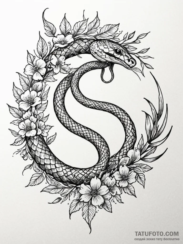 Ouroboros (snake eating its tail) made of flo... - эскиз тату (№1752289251_0, 12.07.2025 03:00) — Tatufoto.com