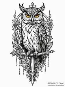 Owl perched on bone scepter, tattoo line art,... - эскиз тату (№1752289670_0, 12.07.2025 03:07) — Tatufoto.com