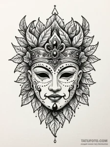 Totem mask crowned in ivy, tattoo line art, m... - эскиз тату (№1752293938_0, 12.07.2025 04:18) — Tatufoto.com