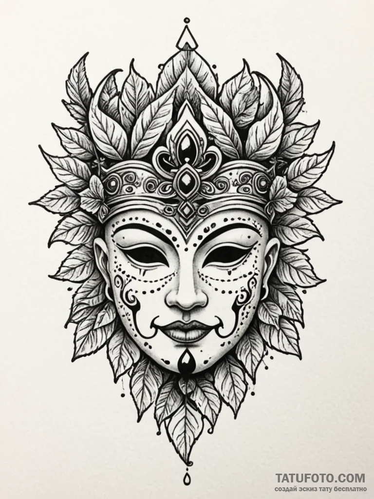 Totem mask crowned in ivy, tattoo line art, m… — эскиз тату (№1752293938_0, 12.07.2025 04:18) — Tatufoto.com