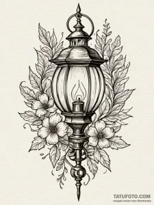 Oak lantern flickering in wind, tattoo flash... - эскиз тату (№1752294439_0, 12.07.2025 04:27) — Tatufoto.com