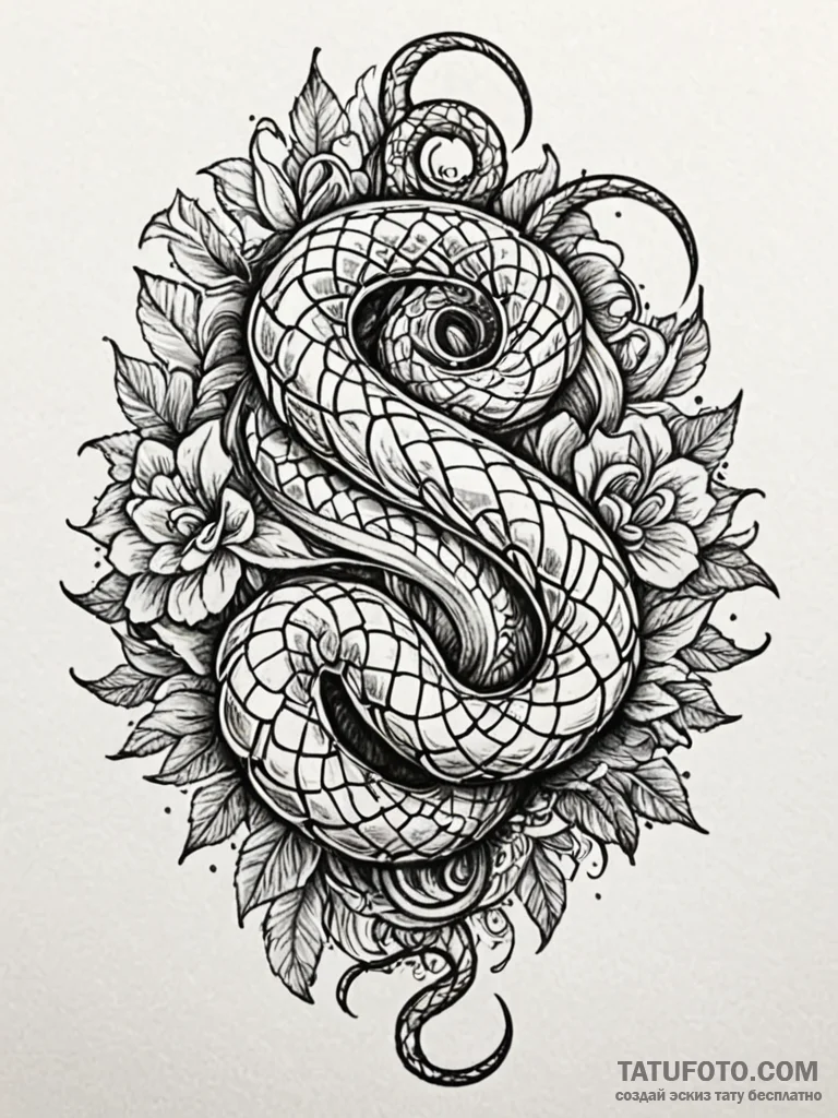 Animated serpent splitting into two, tattoo f… — эскиз тату (№1752295776_0, 12.07.2025 04:49) — Tatufoto.com