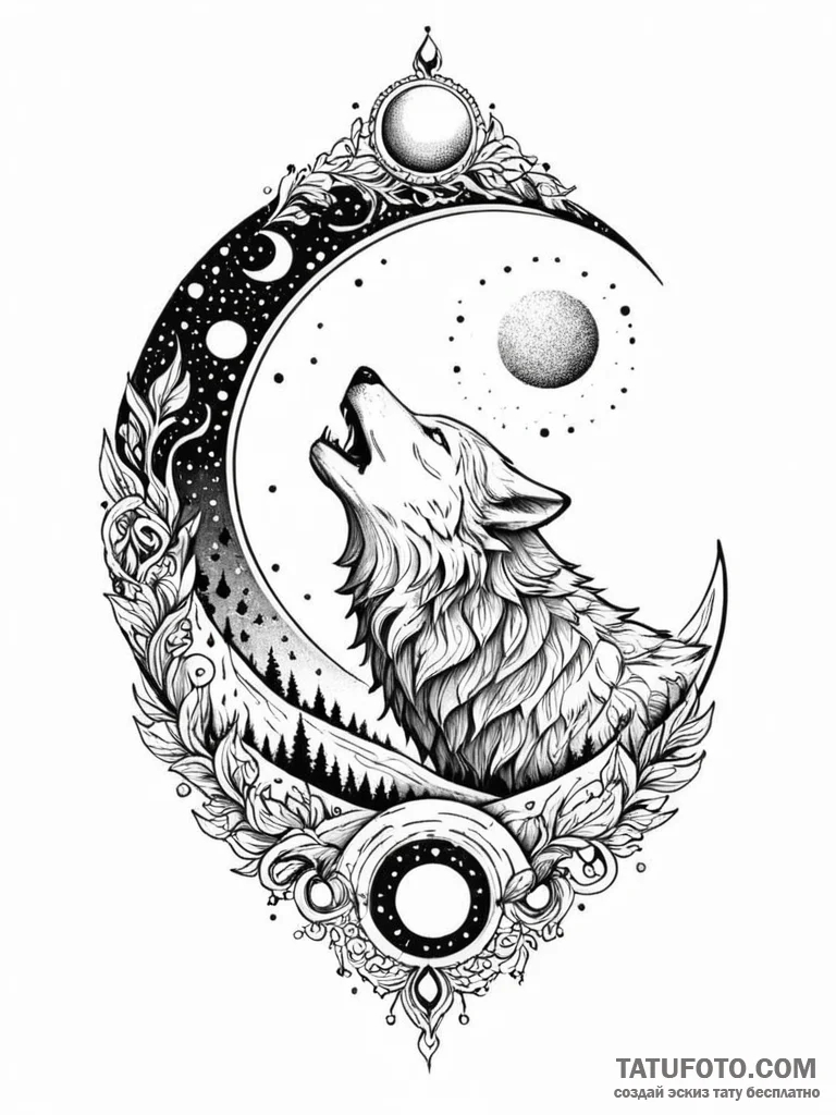 Apocalyptic wolf howling at crimson moon, ink... - эскиз тату (№1752296028_0, 12.07.2025 04:53) — Tatufoto.com