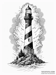 Lighthouse crumbling in spectral storm, tatto... - эскиз тату (№1752296780_0, 12.07.2025 05:06) — Tatufoto.com