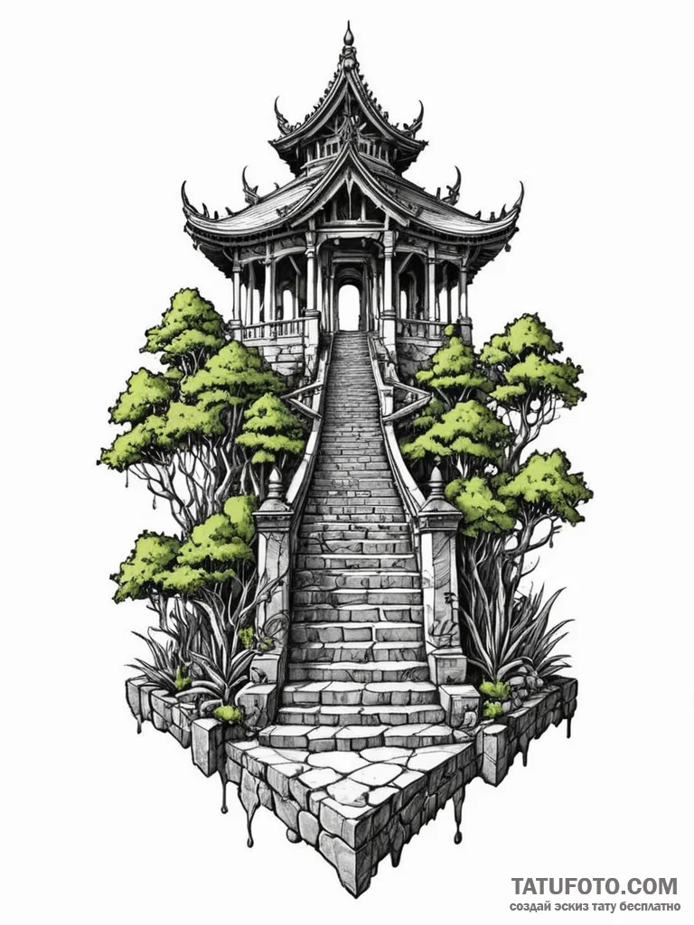 Black sunken temple with bone stairs, tattoo... - эскиз тату (№1752296947_0, 12.07.2025 05:09) — Tatufoto.com