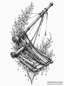 Medieval catapult launching a glitching, digi... - эскиз тату (№1752298285_0, 12.07.2025 05:31) — Tatufoto.com
