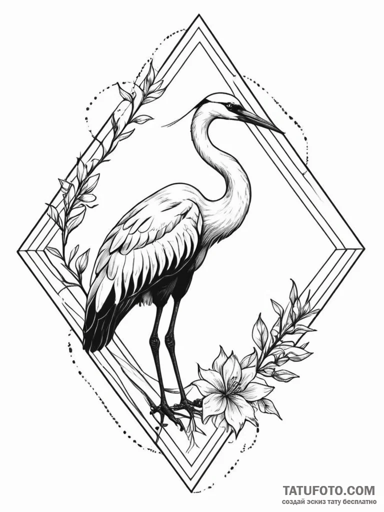Crane, artistic tattoo sketch, aesthetically... - эскиз тату (№1752298703_0, 12.07.2025 05:38) — Tatufoto.com